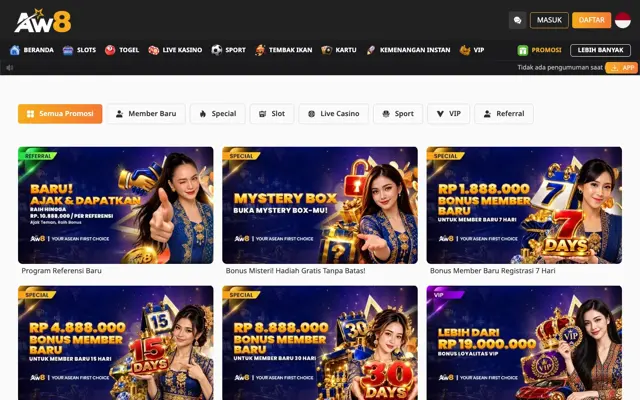 Halaman promosi AW8 Indonesia dengan program referensi, Mystery Box dan bonus member baru 7, 15 dan 30 hari