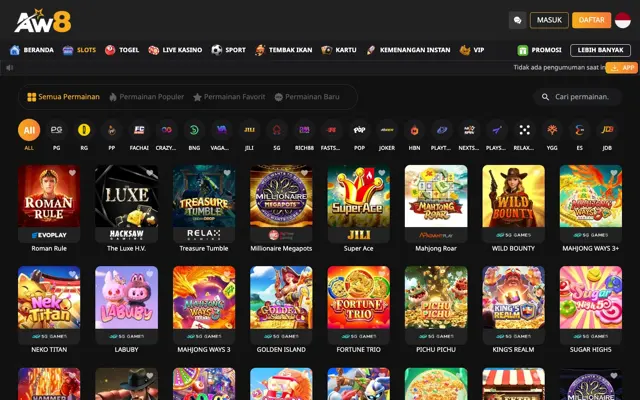 Lobi slot AW8 Indonesia dengan filter provider PG, Pragmatic Play, Fa Chai, JILI dan lainnya