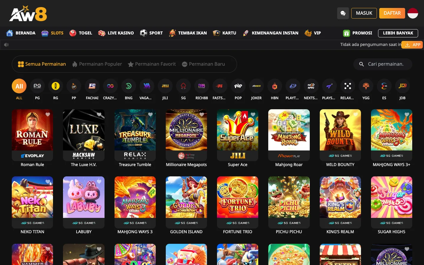 Lobi slot AW8 Indonesia dengan filter provider