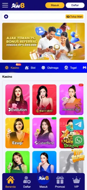 Beranda AW8INDO di ponsel dengan tab Kasino, Slot, Olahraga dan Togel serta provider Evolution dan Sexy Baccarat