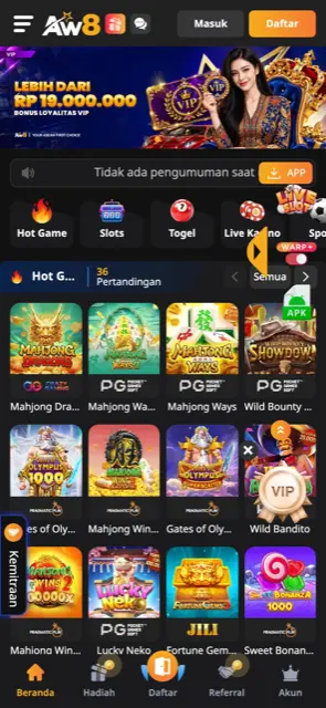Beranda AW8 Indonesia di ponsel dengan kategori Hot Game, Slots, Togel dan Live Kasino