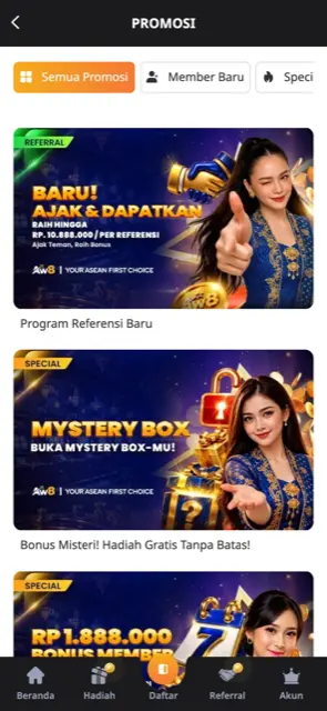 Halaman promosi AW8 Indonesia versi mobile dengan kartu referral dan Mystery Box