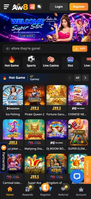 Skrin utama mudah alih AW8 Pro dengan kategori permainan dan menu bawah