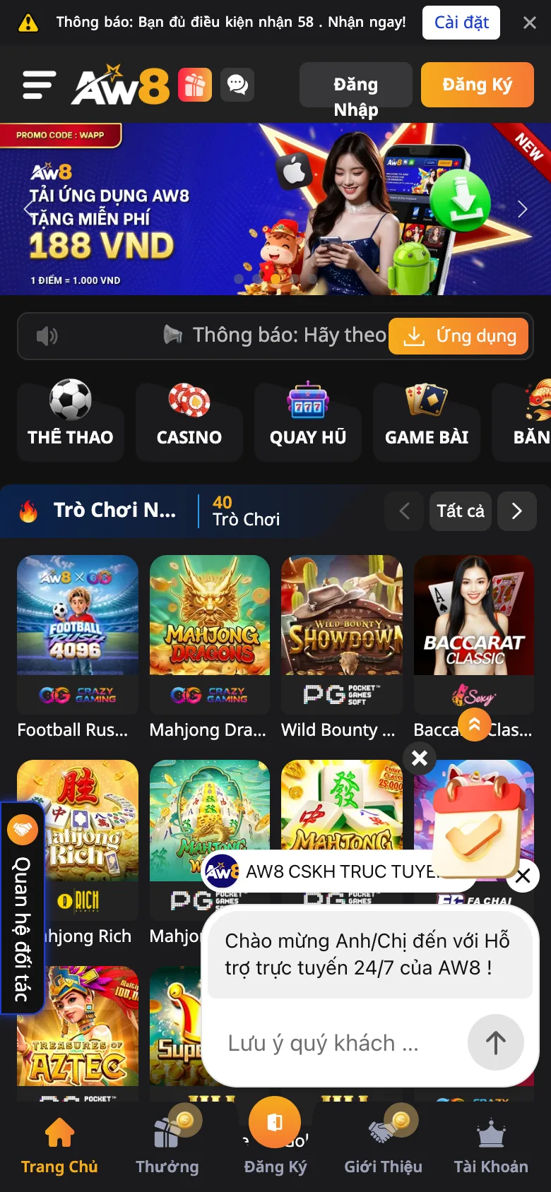 Trang chủ AW8 Pro trên điện thoại