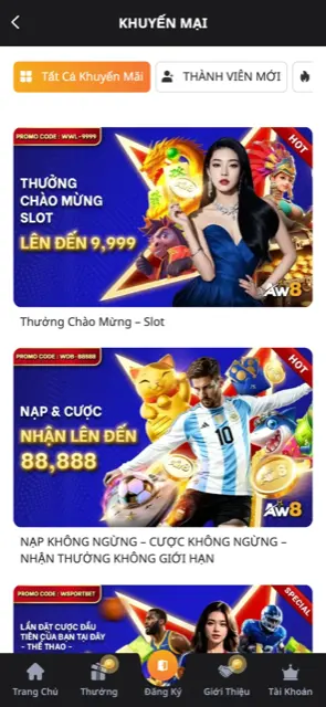 Trang khuyến mãi AW8 Pro trên điện thoại với thưởng chào mừng slot ở đầu danh sách