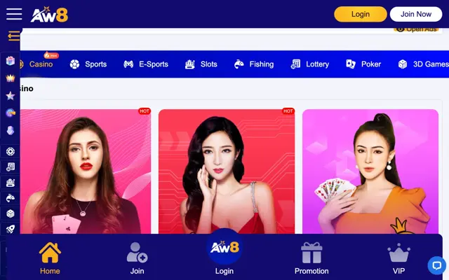 Lobi laman asal AW8 Malaysia dengan tab kasino, sukan, slot, fishing dan loteri