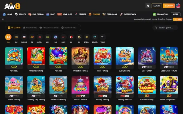 Lobi permainan fishing AW8 Pro dengan tajuk JILI, Fa Chai dan JDB