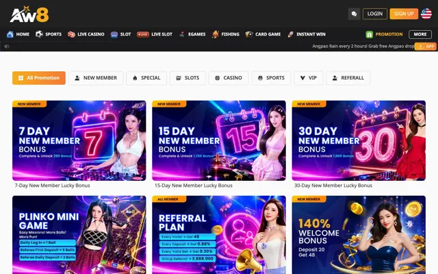 Halaman promosi AW8 Pro dengan bonus ahli baharu, Plinko, pelan rujukan dan bonus alu-aluan 140%
