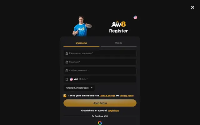 Borang pendaftaran AW8 Pro dengan tab nama pengguna dan nombor telefon