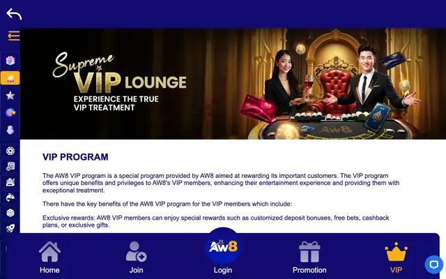Halaman Supreme VIP Lounge AW8 yang memperkenalkan program VIP