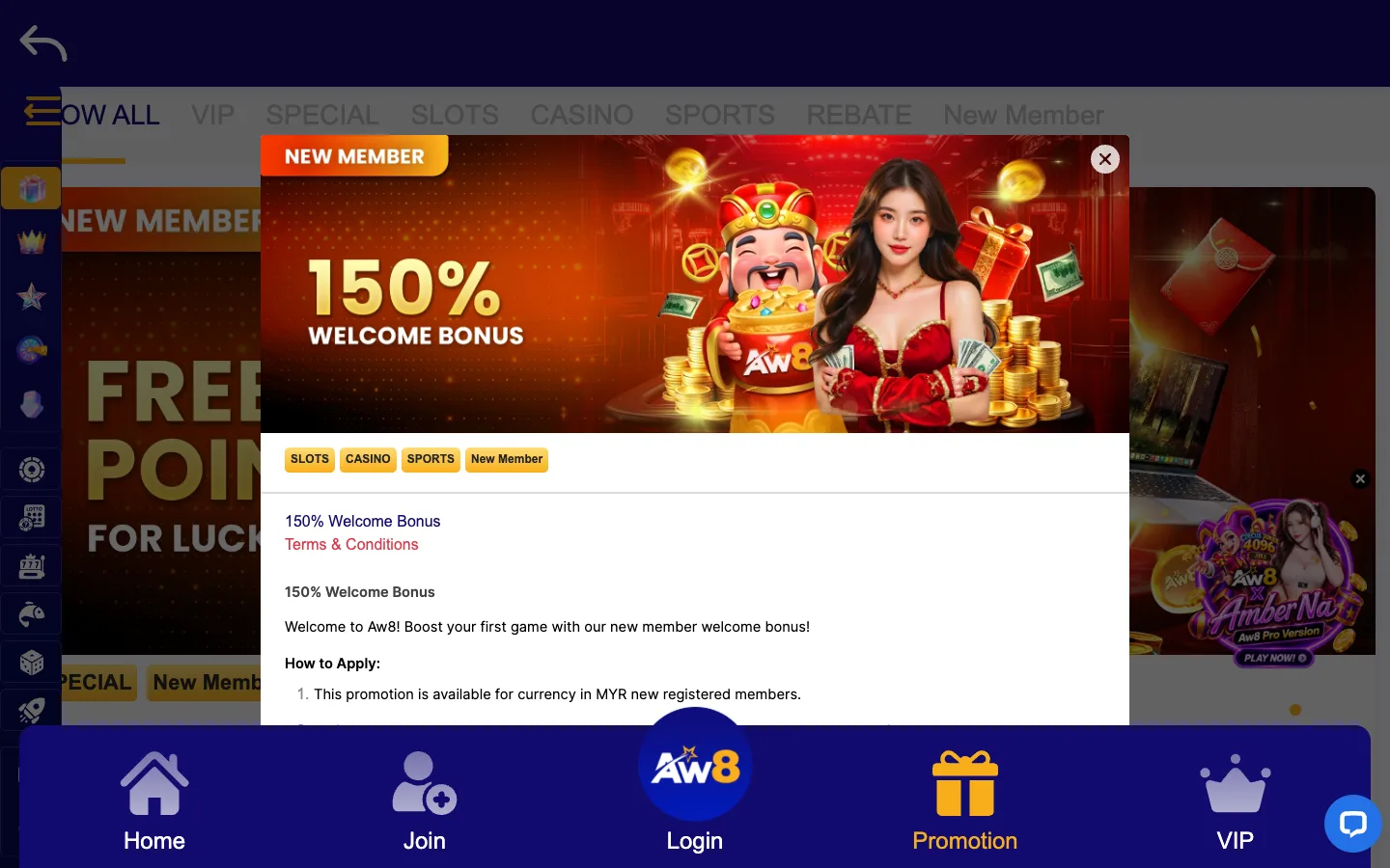 Terma 150% Welcome Bonus AW8
