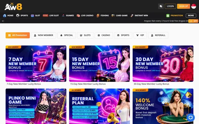 AW8 Pro Singapore promotions page with new-member lucky bonuses, Plinko, referral plan and 140% welcome bonus