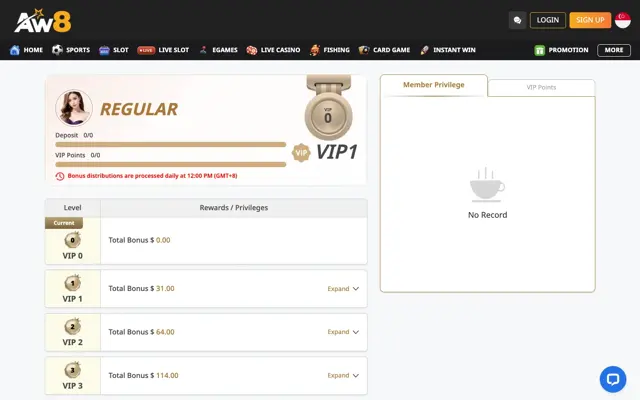 AW8 Pro Singapore VIP levels page listing VIP 0 to VIP 12 with total bonus per level