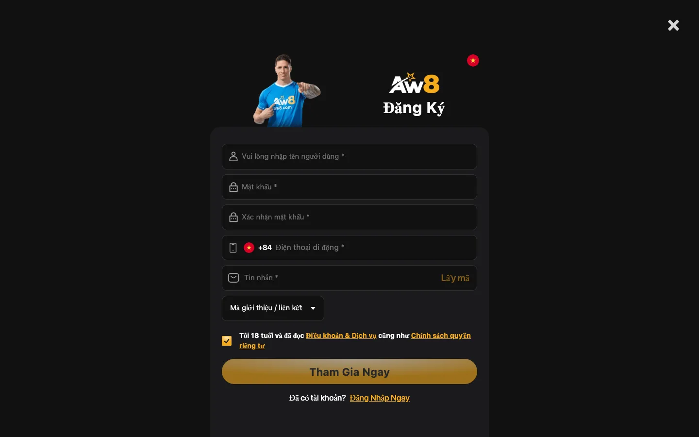 Form đăng ký AW8 Pro với số điện thoại +84