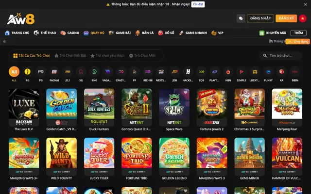 Sảnh nổ hũ AW8 Pro với bộ lọc nhà cung cấp PG, Fa Chai, JILI, Pragmatic Play và Hacksaw