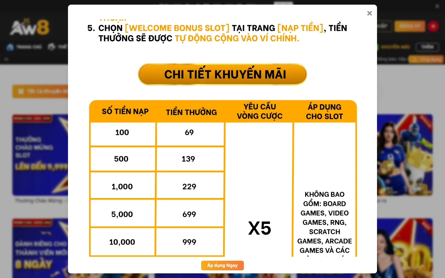 Bảng thưởng chào mừng slot AW8 với mốc nạp, tiền thưởng và vòng cược x5