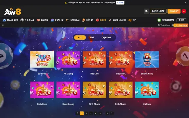 Tab xổ số AW8 Pro với TCG, QQKeno, 5D Lotre, Beijing Keno và các đài tỉnh