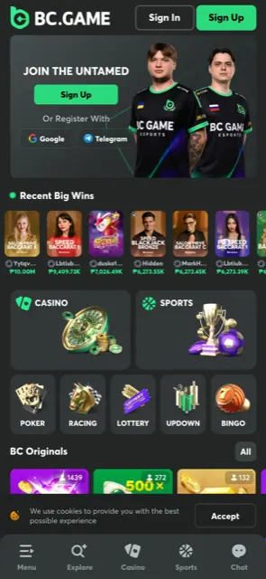 BC.Game mobile site with casino, sports, poker, lottery and bingo tiles and a bottom menu