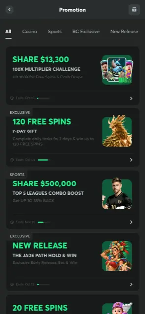 BC.Game mobile promotions page with the 100x multiplier challenge and 120 free spins gift