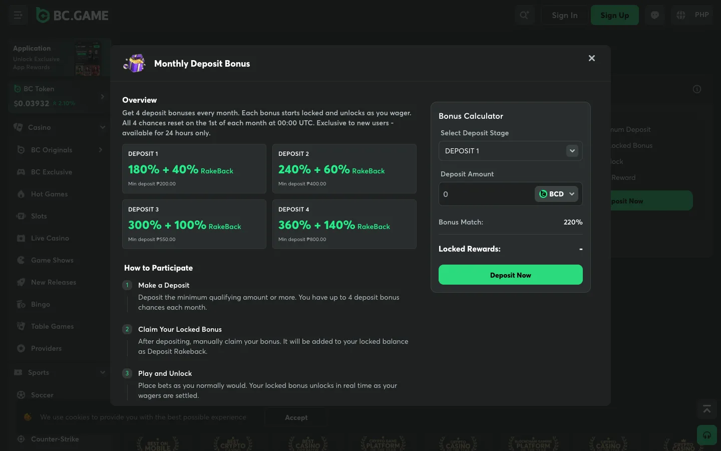 BC.Game Monthly Deposit Bonus details with four stages and peso minimum deposits