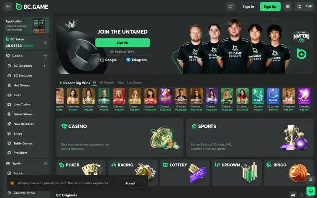 BC.Game homepage in PHP with the Join the Untamed banner and recent big wins in pesos