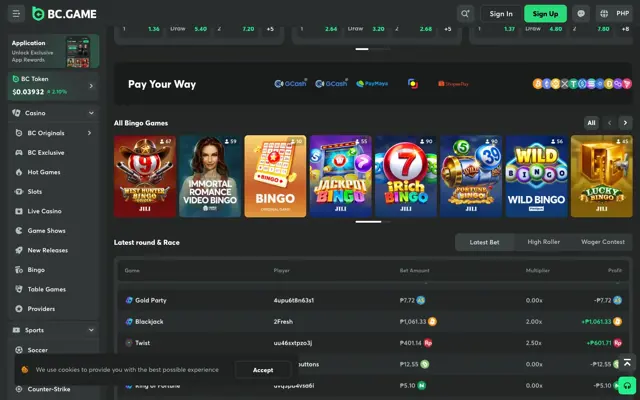 BC.Game Pay Your Way strip showing GCash, PayMaya, QR Ph and ShopeePay logos next to crypto coins