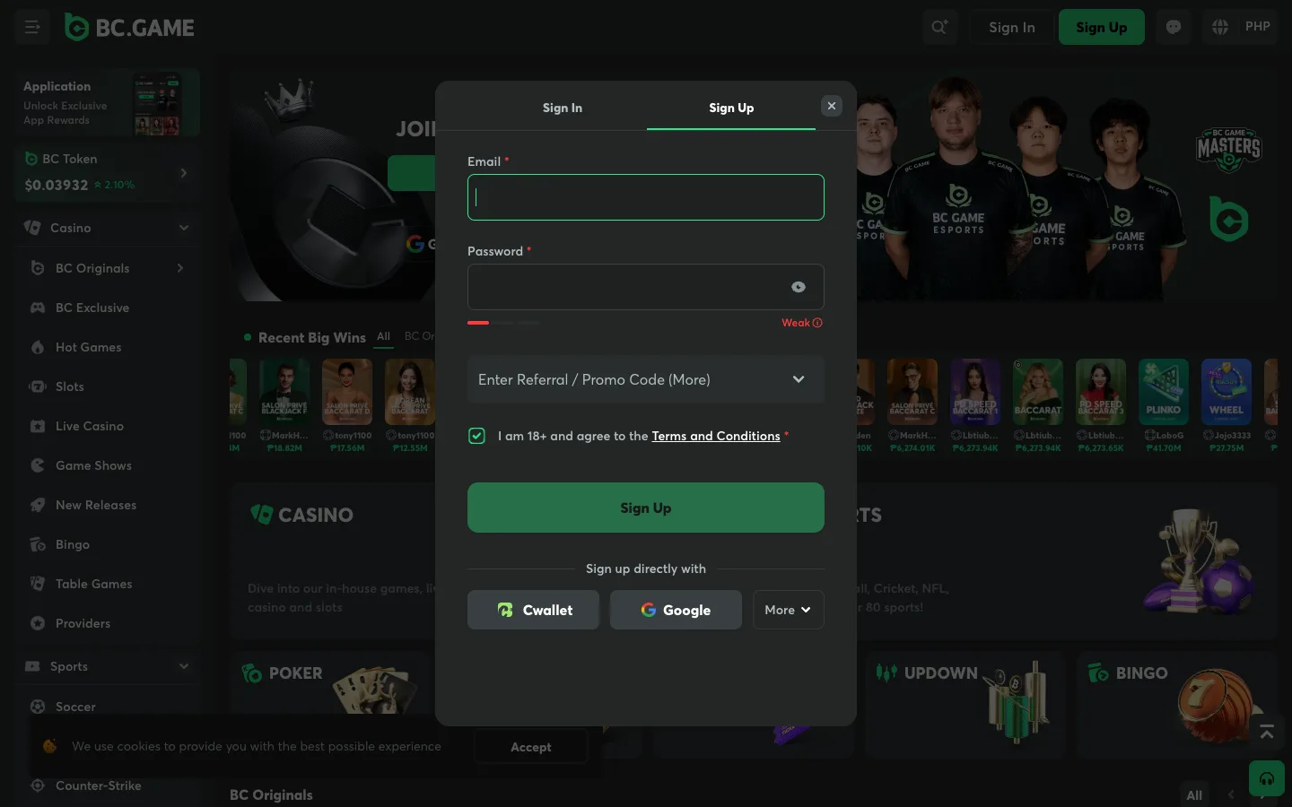 BC.Game sign-up form