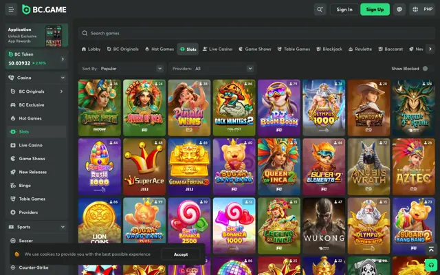 BC.Game slots lobby with JILI Super Ace, Fa Chai, PG Soft and Pragmatic Play slots