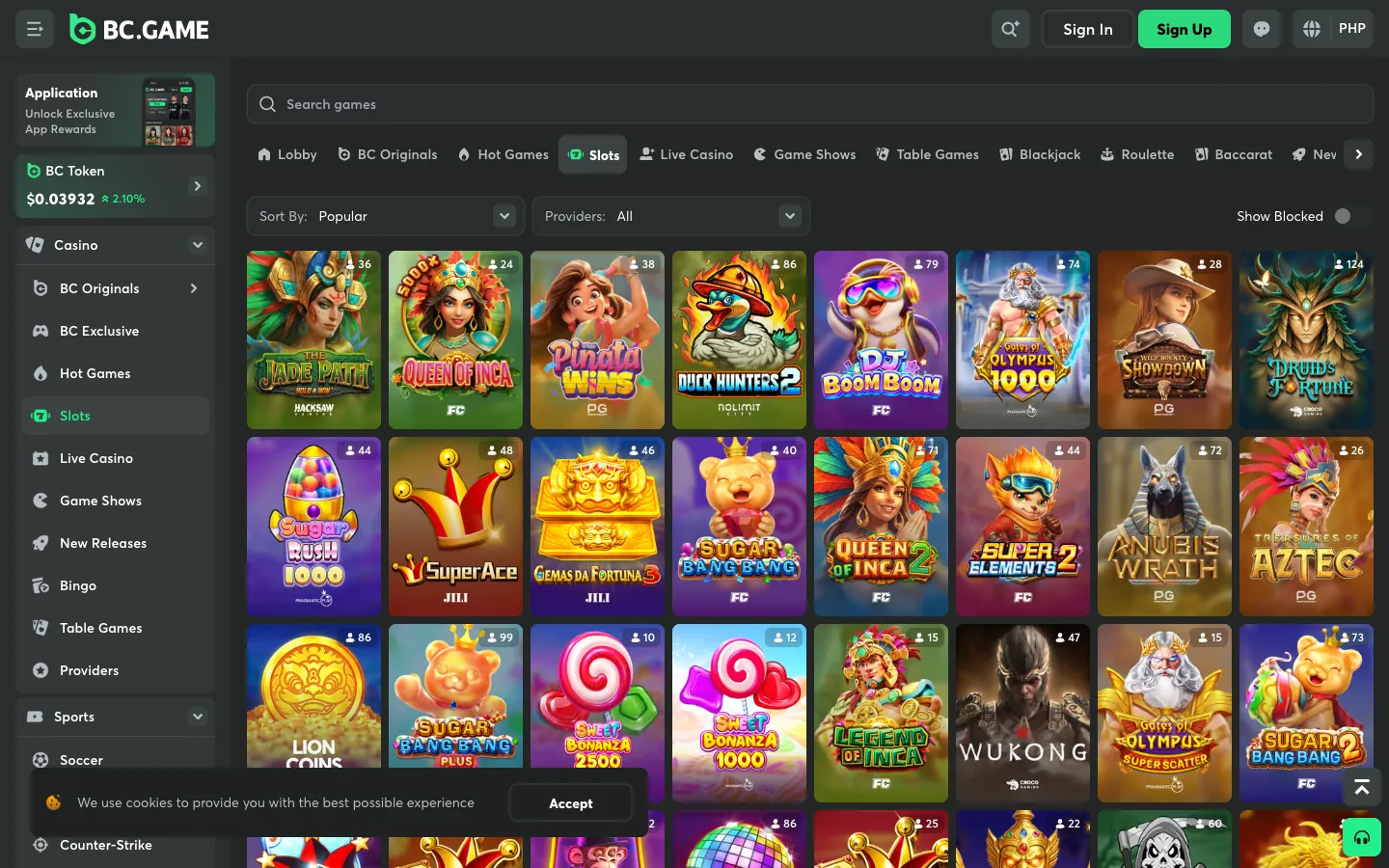 BC.Game slots lobby with JILI, Fa Chai and PG Soft games