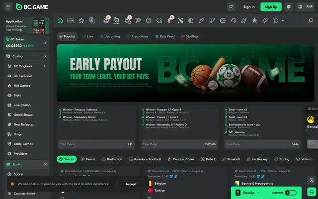 BC.Game sportsbook with Early Payout banner and soccer, tennis, basketball and esports tabs