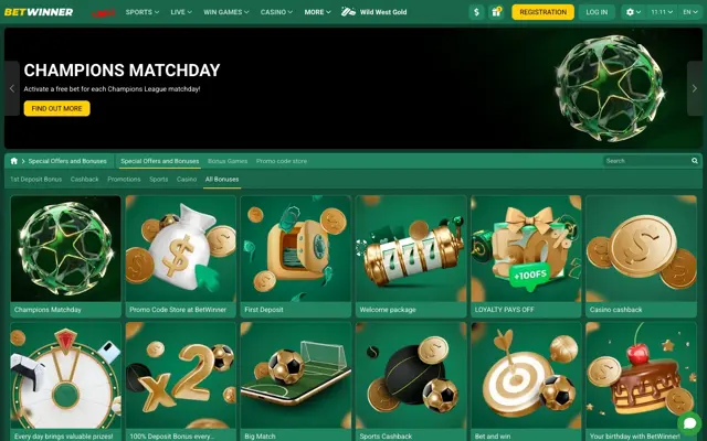 Betwinner promotions hub with Champions Matchday, Promo Code Store, First Deposit, Welcome package, Loyalty Pays Off and Casino cashback tiles