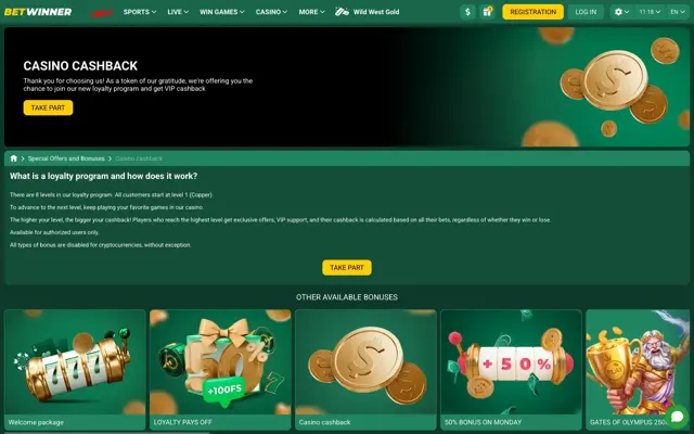 Betwinner Casino Cashback loyalty program page with 8 levels starting at Copper
