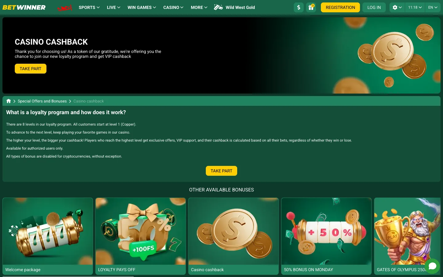 Betwinner Casino Cashback loyalty page