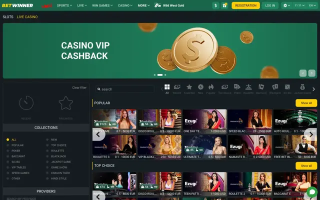 Betwinner live casino lobby with Crazy Time, Disco Roulette, One Day Teen Patti, Speed Blackjack and Ezugi auto roulette