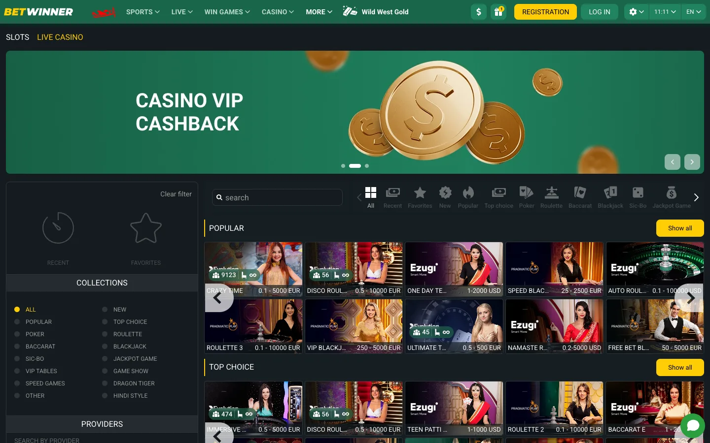 Betwinner live casino lobby