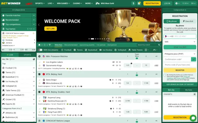 Betwinner homepage from the Philippines with the Welcome Pack banner, live sports odds and a sign-up box preset to +63 and PHP