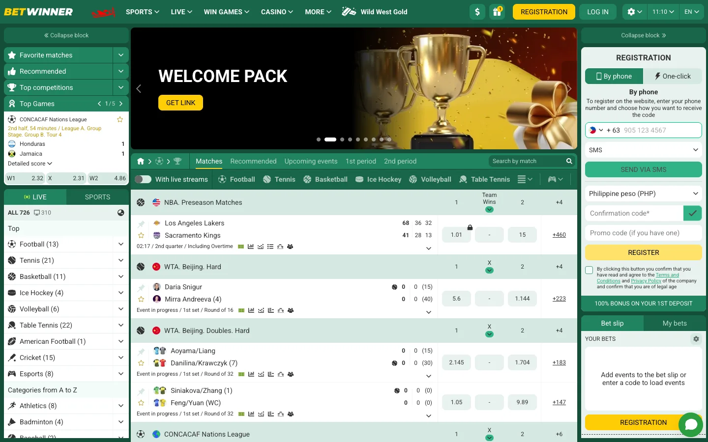 Betwinner homepage from the Philippines with the Welcome Pack banner, live sports odds and a sign-up box preset to +63 and PHP