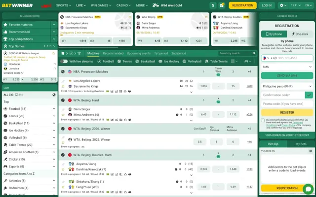 Betwinner live betting page with NBA preseason, WTA Beijing and CONCACAF Nations League in play