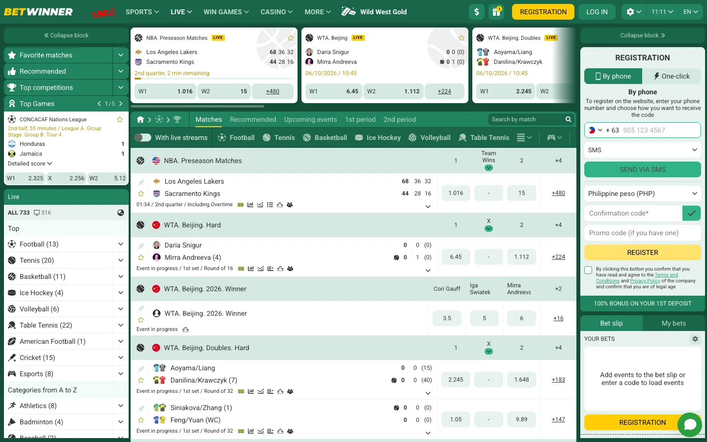 Betwinner live betting page with NBA, WTA and CONCACAF matches in play