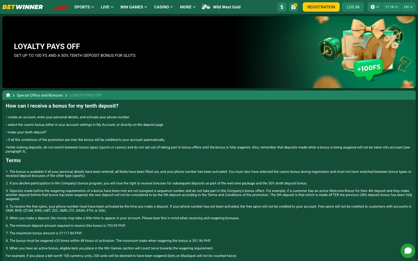 Betwinner Loyalty Pays Off tenth deposit bonus page