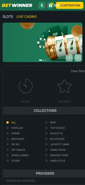 Betwinner mobile casino lobby with Slots and Live Casino tabs, collections and a provider search