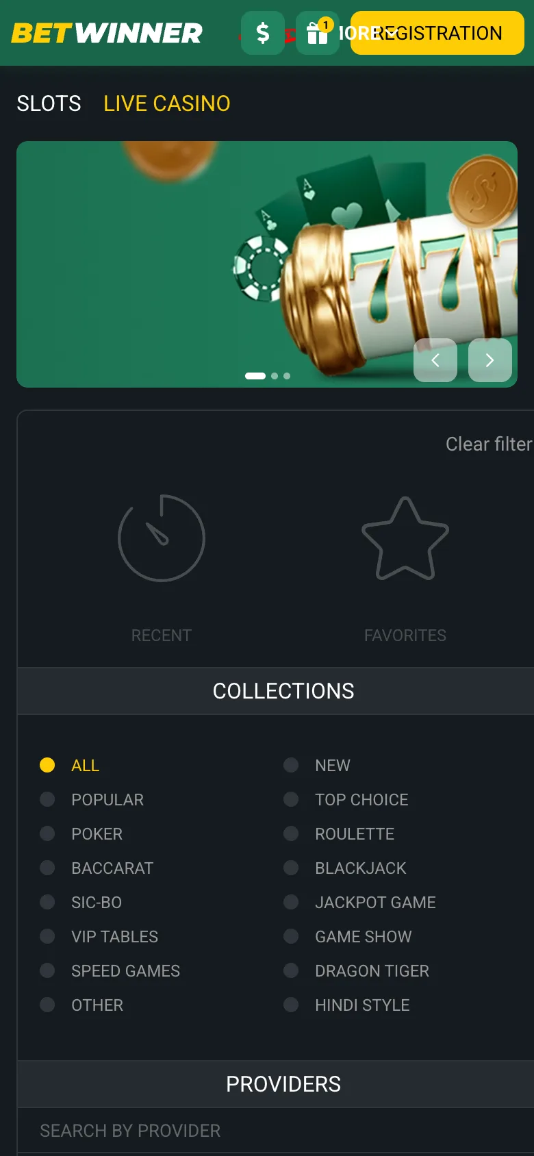 Betwinner mobile casino lobby