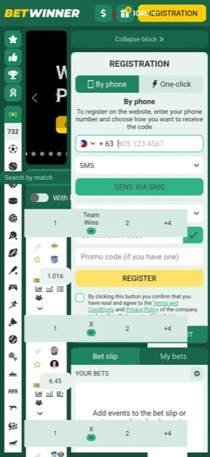 Betwinner mobile site with the sign-up box preset to +63, a sports icon rail and live odds