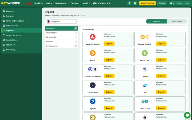 Betwinner payments page set to Philippines, listing 54 deposit methods across payment cards, bank transfer, e-wallets and cryptocurrency, each marked no fees and instant