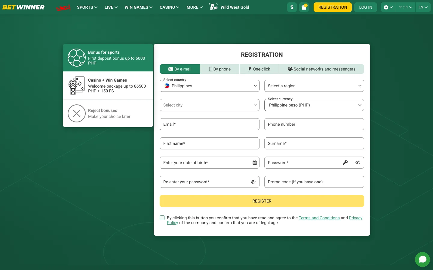 Betwinner registration form with the welcome bonus chooser