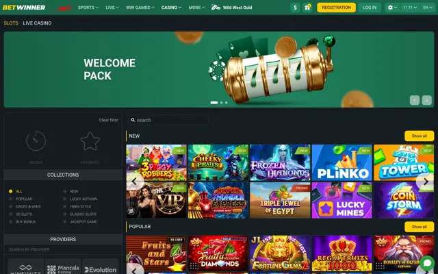 Betwinner slots lobby with Fortune Gems 2, Plinko, Tower and Regal Fruits 1000, a Play for free label on every tile