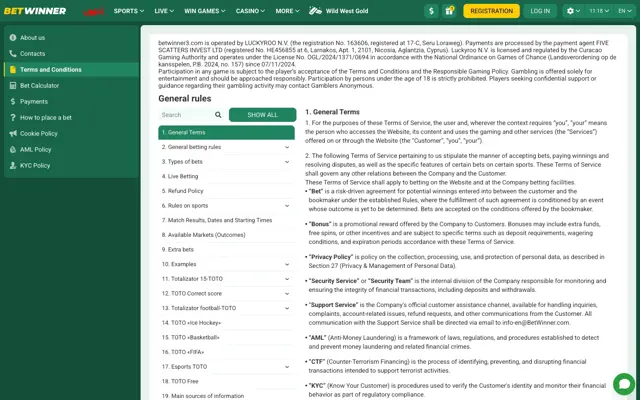Betwinner terms and conditions page showing the Luckyroo N.V. operator notice and Curaçao license OGL/2024/1371/0694
