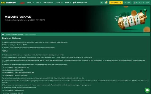Betwinner welcome package rules page: up to 86500 PHP + 150 FS, first deposit at least 550 PHP, free spin games per deposit