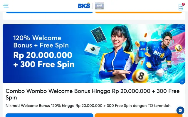 Kartu promo Combo Wombo Welcome Bonus 120% hingga Rp 20.000.000 + 300 Free Spin di halaman promosi BK8 Indonesia