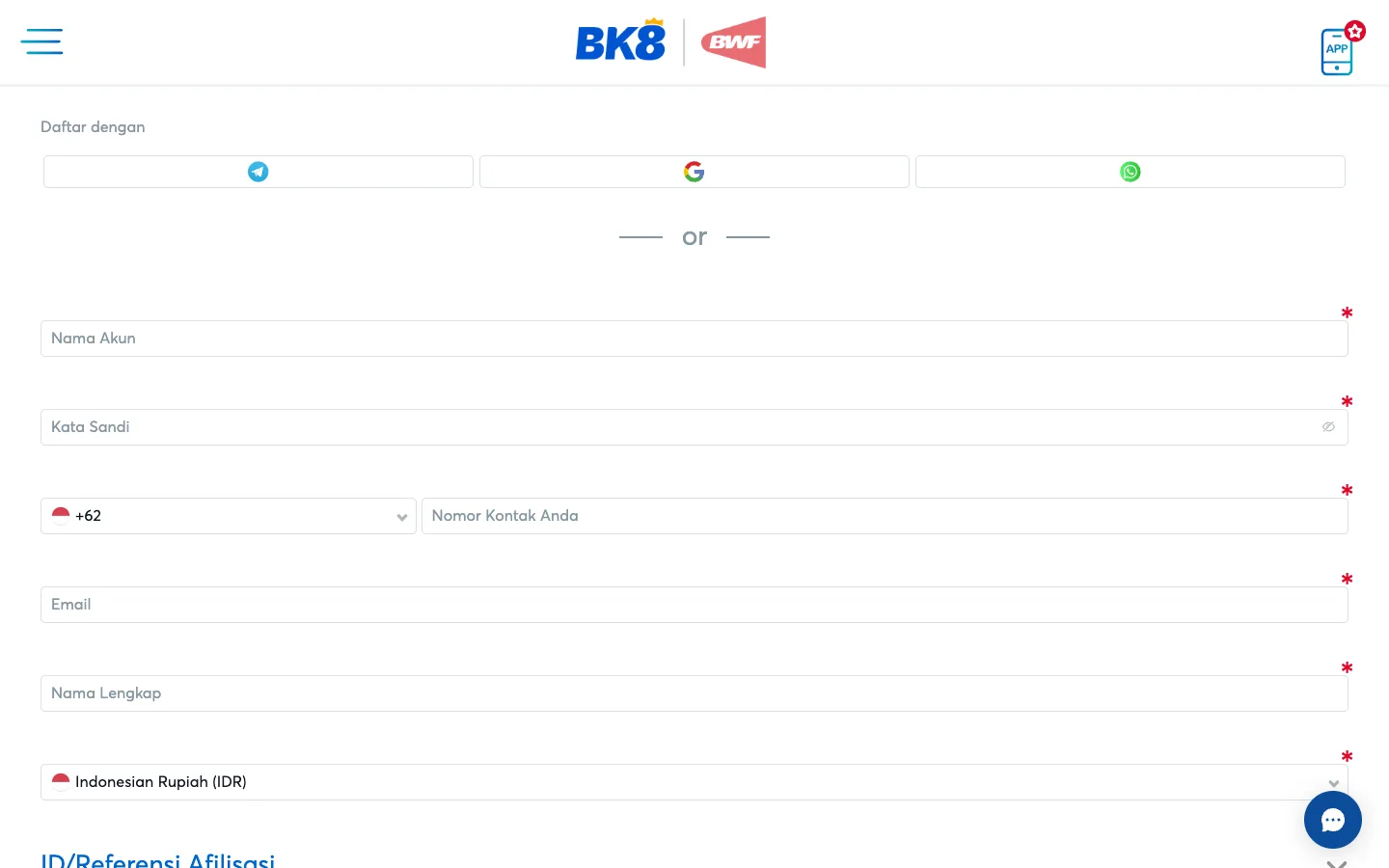 Formulir daftar BK8 Indonesia dengan nomor +62 dan mata uang IDR